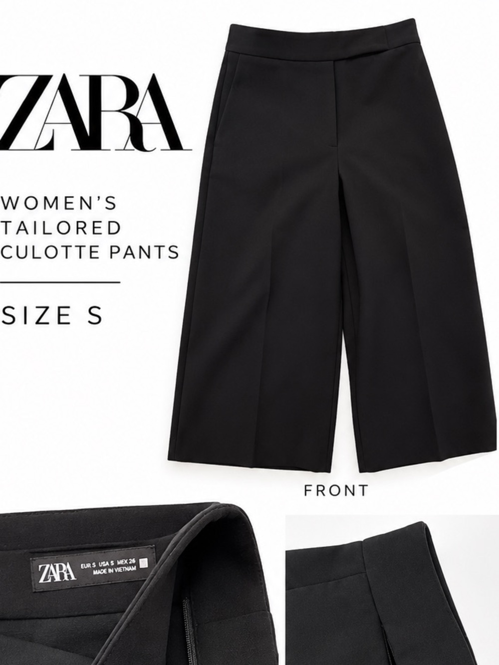ZARA Black Wide-Leg Cropped Dress Pants